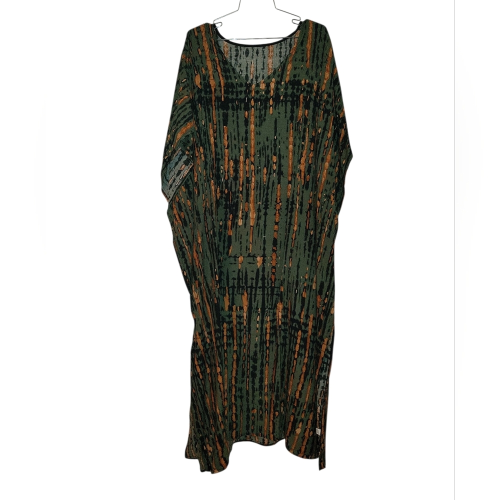 Olive & Orange Pattered Kaftan Beach Cover Up One Size - Picture 3 of 5